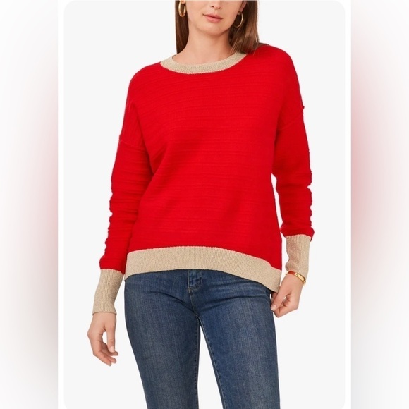 Vince Camuto Edged Crewneck Sweater Red wearable to work fairy grandma core - Picture 1 of 6
